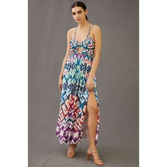 NWT Anthropologie Halter Dress Maxi 8 $248 Cut Out White Blue Side Slit HTF - Picture 2 of 13